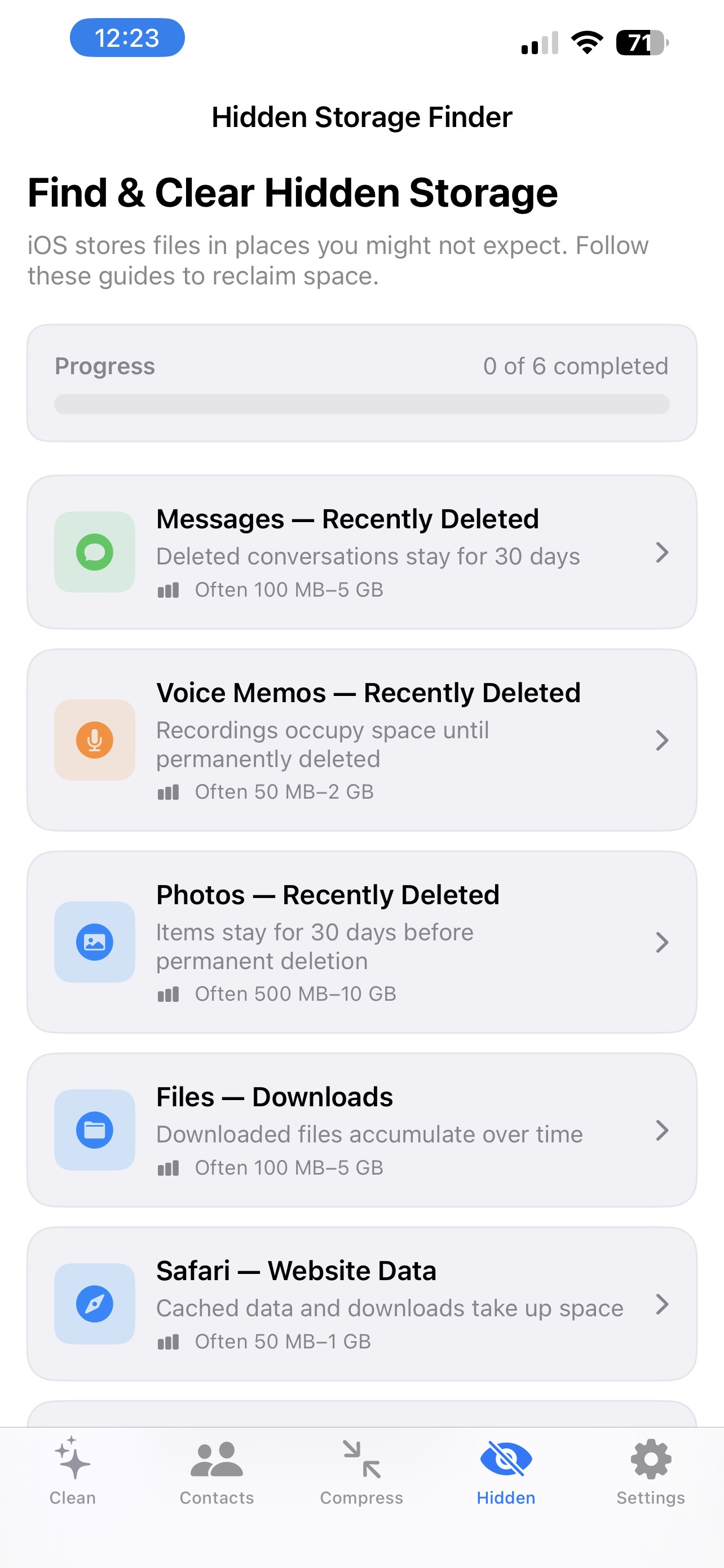 Find and clear hidden storage