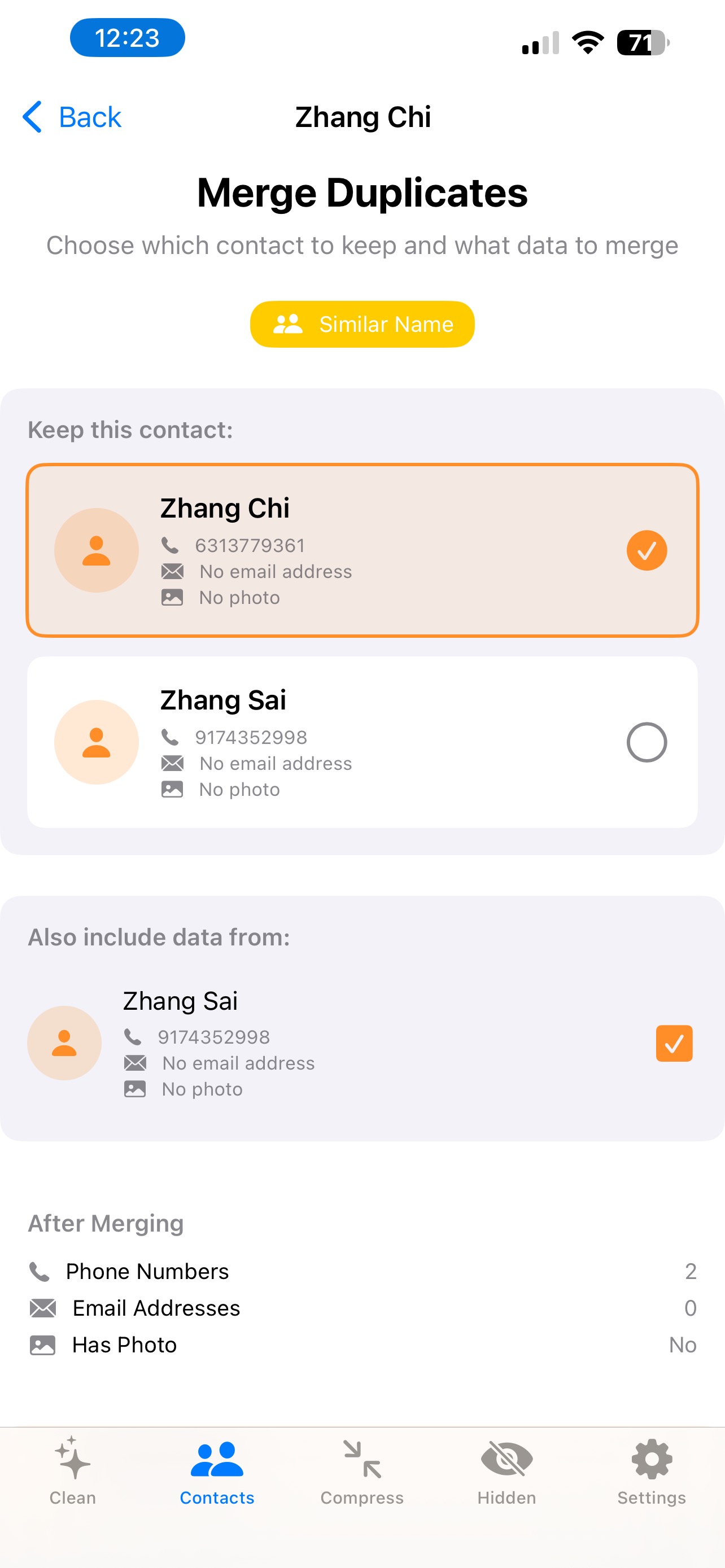 Merge duplicate contacts